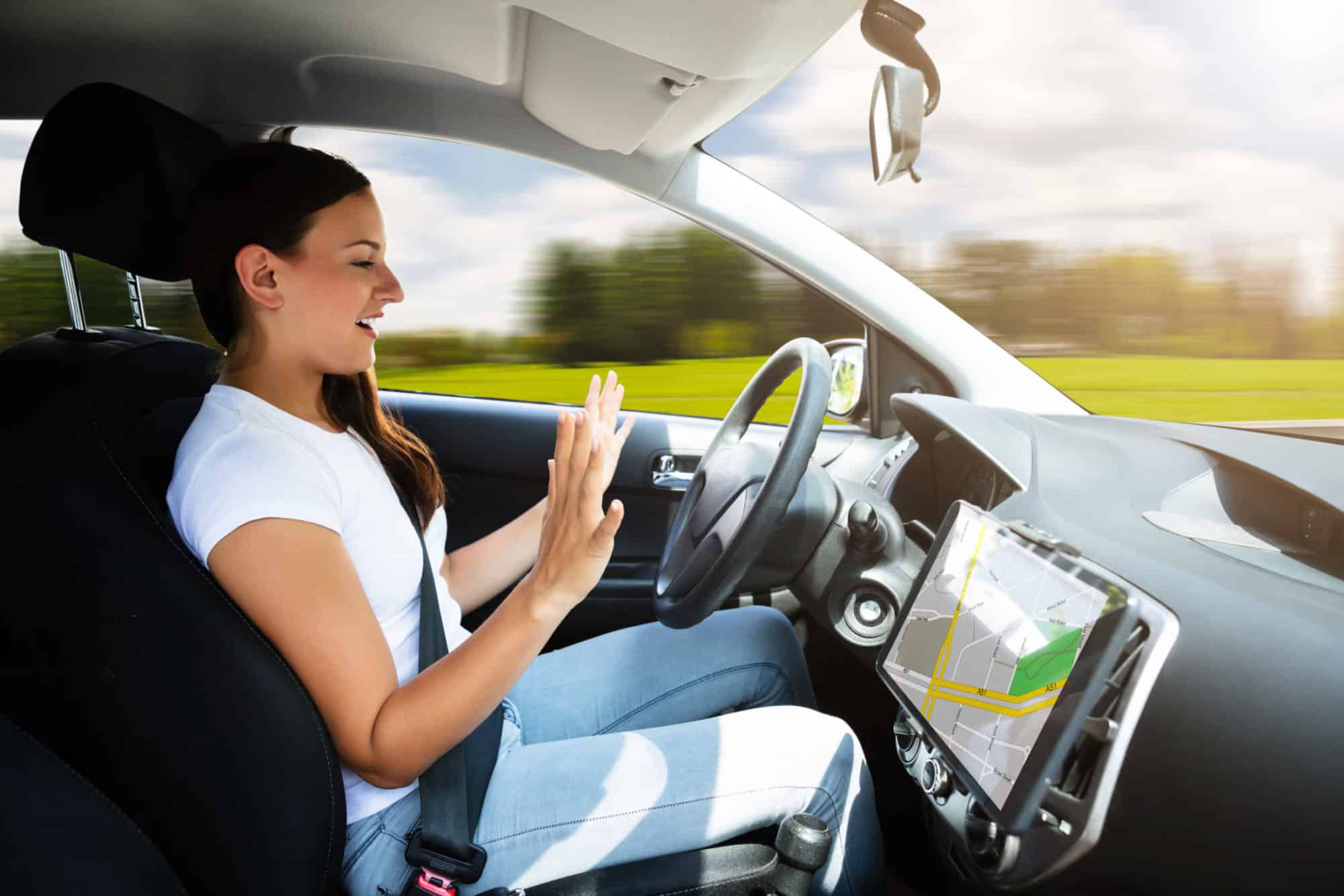 Woman Sitting In Self Driving Modern Car